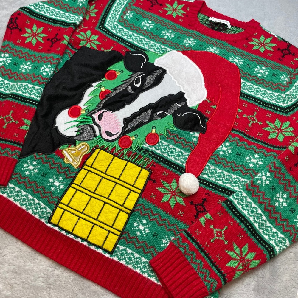 Womens Ugly Christmas Sweater Size L Red Cow Beer Holder Holiday Fair Isle Party